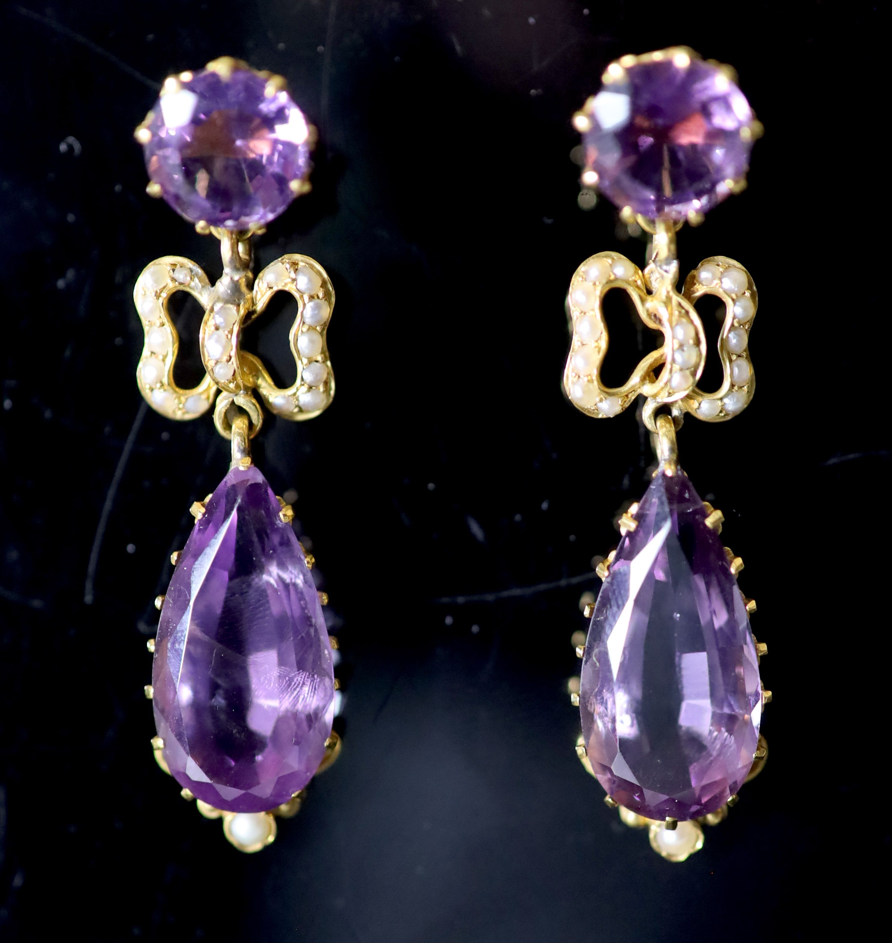 A pair of Victorian style gold, pear and round cut amethyst and seed pearl cluster set drop earrings,